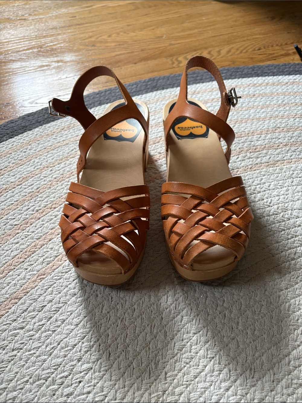 Swedish Hasbeens Tan Leather Woven Platform Clogs - Picture 7 of 8